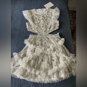 Mac Duggal Dress - Embellished Jewel Neck Tulle Ruffle Mini Dress size 2 Ivory